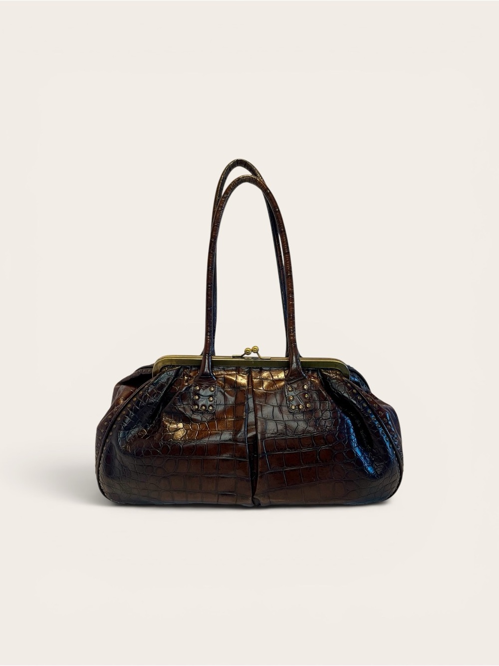 BERGE Genuine Leather Brown Croc Embossed Kiss Lock Satchel Bag Made In Italy